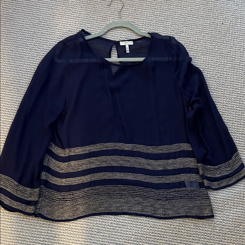 Joie Navy Blue Silk Blouse with Brass bead Accents
